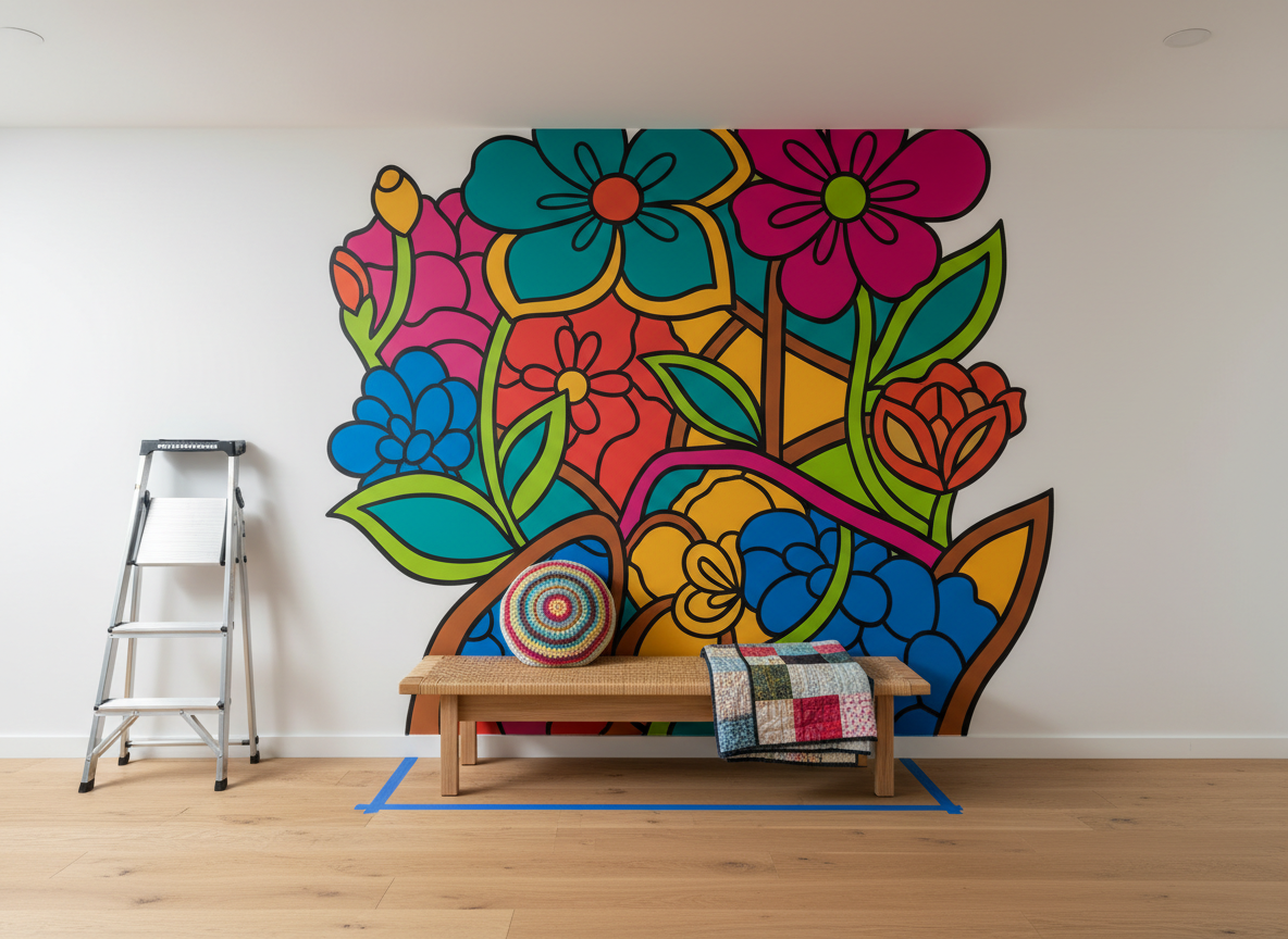A large, vibrant mural in a modern living room, featuring abstract floral and geometric shapes in playful, saturated colors, painted on a smooth accent wall. At the base of the mural, a handcrafted crochet cushion and a folded quilt sit on a simple wooden bench, their stitched textures contrasting beautifully with the flat painted surface. The space includes a partially visible ladder and painter’s tape on the floor, subtly suggesting an ongoing home renovation and creative process. Soft studio lighting from above and the side creates even illumination with mild shadows, giving the room a polished yet lived-in feel. Photographic realism, wide-angle lens, straight-on composition that feels like a portfolio shot for a creative home makeover.