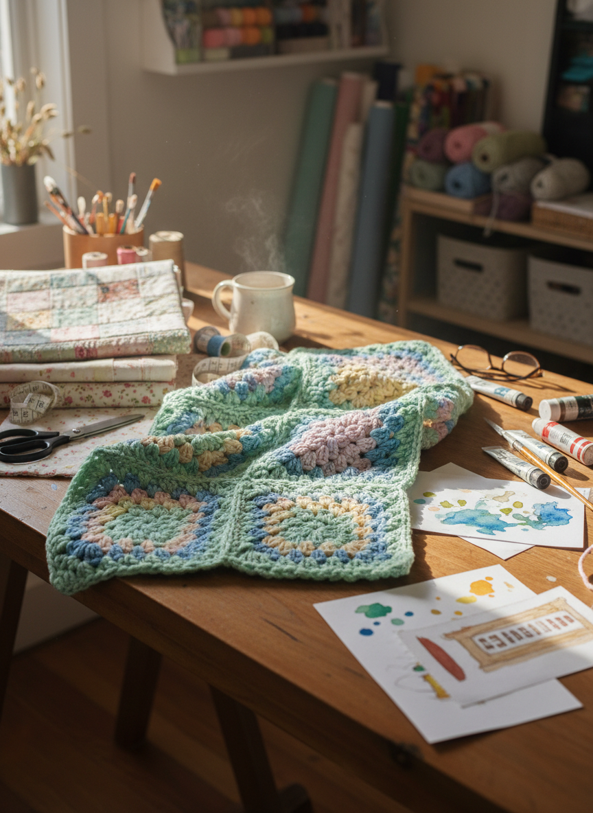 A bright craft studio worktable covered with a neatly arranged mix of crochet, quilting, and painting supplies. In the center sits a vivid, half-finished granny-square crochet blanket made from soft, chunky yarn in playful pastels, its texture clearly defined. Around it, folded patchwork quilt blocks, small paint-splattered mural sketches, and a tape measure hint at home renovation projects. Soft morning sunlight pours through an unseen window, creating gentle shadows and highlighting fibers and fabric weave. Photographic realism from a slightly elevated angle with shallow depth of field, keeping the central crochet piece sharp while the background blurs into shelves of organized yarn and fabric. The mood is cheerful, inspiring, and creatively messy, perfectly suited for a DIY tutorial hub.